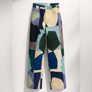 Miaou Printed Wide Leg Pants, abstract design, cream/blue/purple, like new, XS